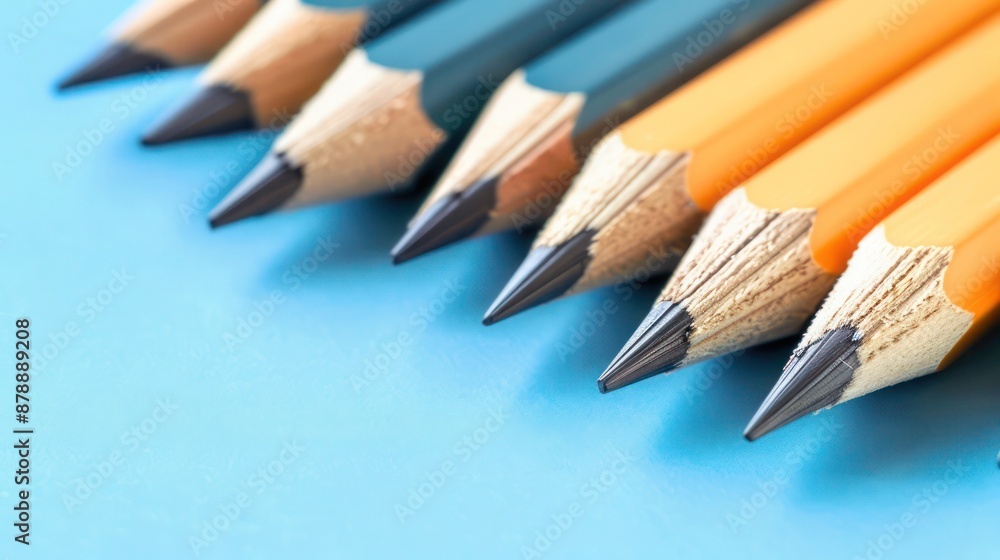 Several tiny pencils scattered on a gradient blue background, sharp tips in focus Several tiny pencils scattered on a gradient blue background, sharp tips in focus