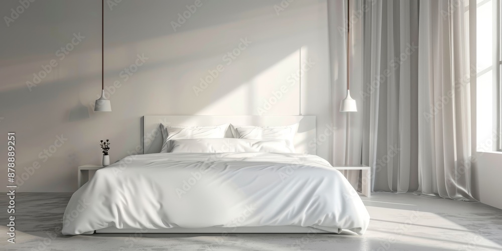 A modern minimalist bedroom with a platform bed, white bedding, and a single nightstand, creating a peaceful and uncluttered retreat A modern minimalist bedroom with a platform bed, white bedding, and a single nightstand, creating a peaceful and uncluttered retreat