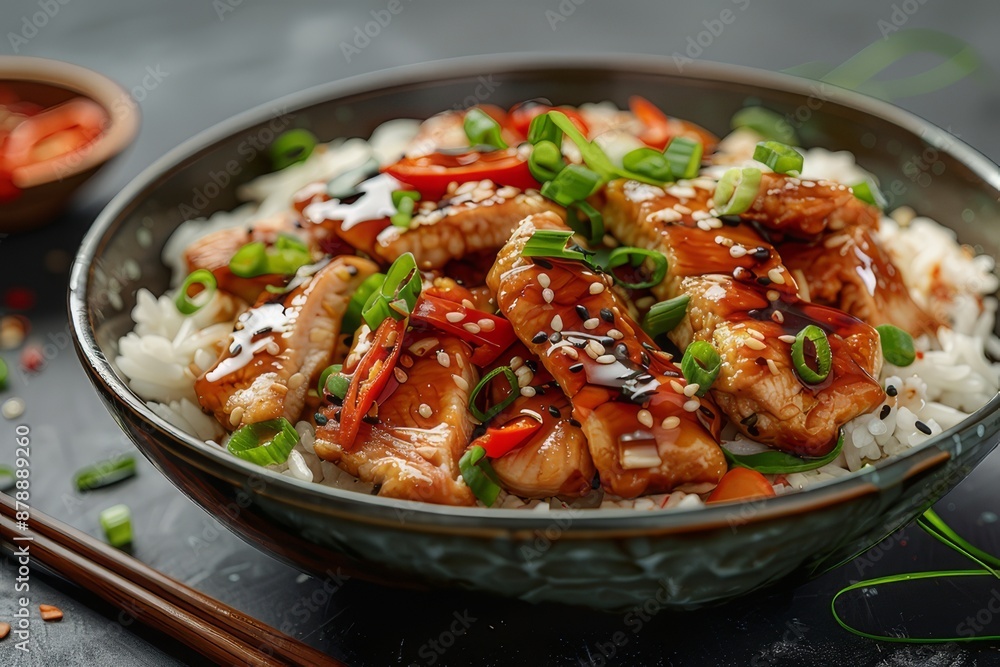 Grilled teriyaki chicken with soy sauce and sesame seeds. closeup Grilled teriyaki chicken with soy sauce and sesame seeds. closeup