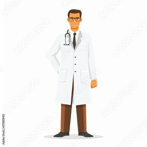 a doctor in a lab coat clipart, professional attire element, flat design illustration, confident stance, isolated on white background 