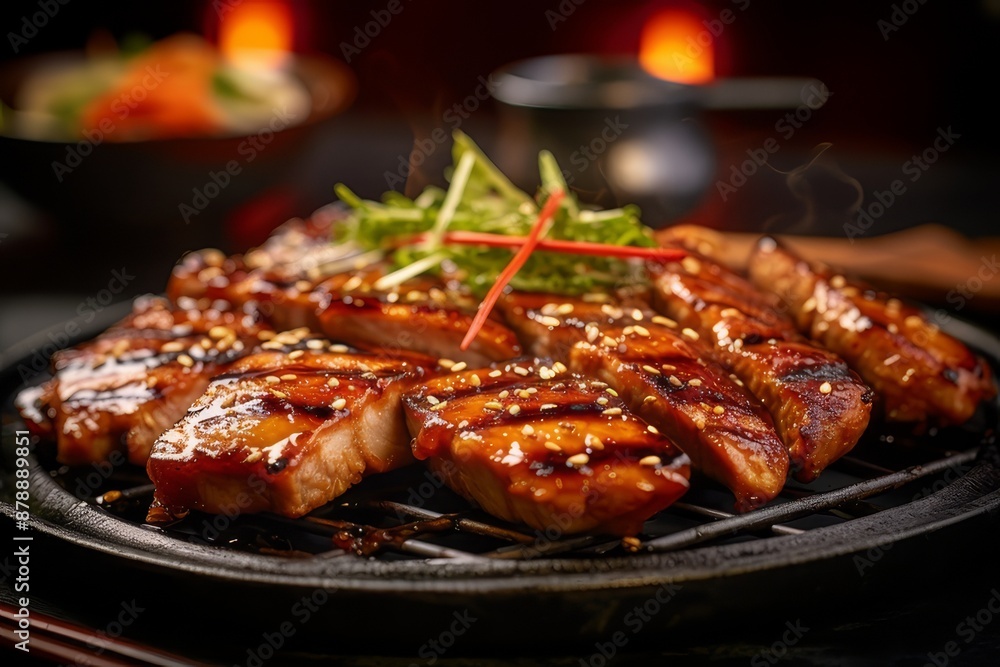 Grilled teriyaki chicken with soy sauce and sesame seeds. closeup Grilled teriyaki chicken with soy sauce and sesame seeds. closeup