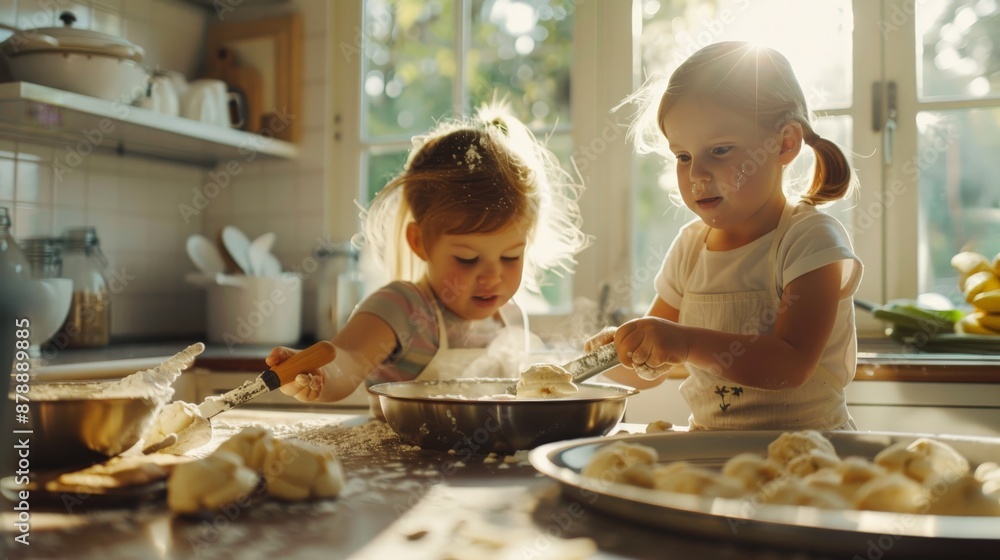 Children baking cookies together in a sunny home kitchen