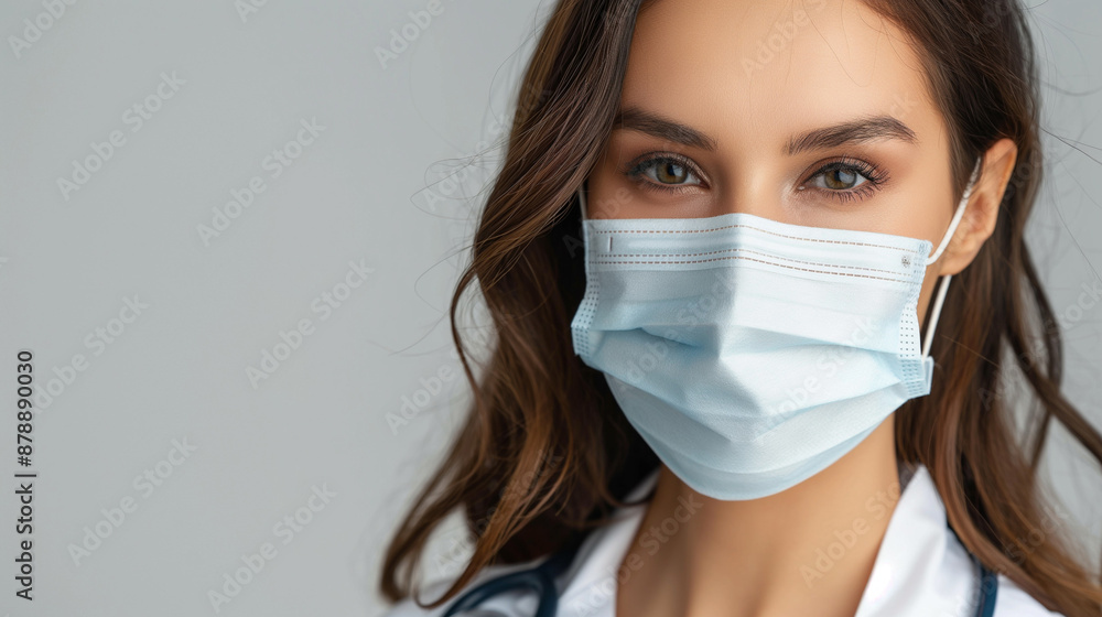 Young female doctor in a white coat and mask with stethoscope, posing confidently in a modern medical office or hospital environment, representing healthcare and medical professionals Young female doctor in a white coat and mask with stethoscope, posing confidently in a modern medical office or hospital environment, representing healthcare and medical professionals