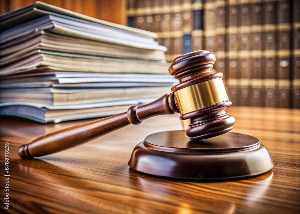 A wooden gavel lies on a polished desk amidst a stack of legal documents and files, evoking a sense of authority and justice in a courtroom setting. A wooden gavel lies on a polished desk amidst a stack of legal documents and files, evoking a sense of authority and justice in a courtroom setting.