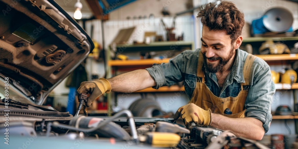 A friendly mechanic working on a car in a small auto repair shop, providing personalized service to the community A friendly mechanic working on a car in a small auto repair shop, providing personalized service to the community