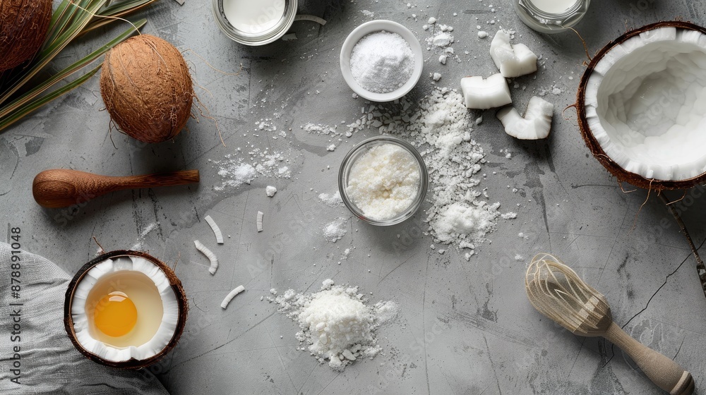 DIY cosmetics concept with coconut ingredients on gray backdrop DIY cosmetics concept with coconut ingredients on gray backdrop