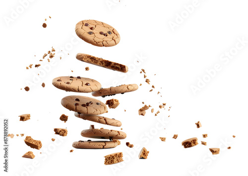 Stack of chocolate chip cookies with crumbs. Isolated on a transparent background