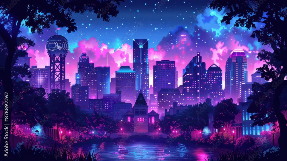Fototapeta premium Nighttime Cityscape with Neon Lights and Starry Sky Reflected in Water, Illustrating a Futuristic and Vibrant Urban Scene