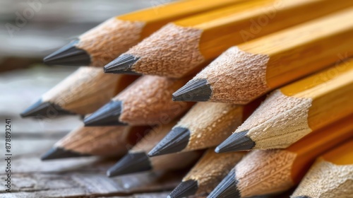 Tiny sharp pencils arranged in a pattern on a wooden desk