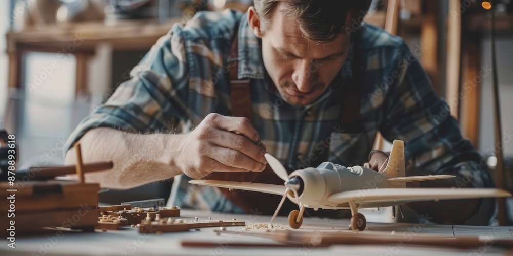 A man building a model airplane, carefully gluing and assembling small parts with precision and patience A man building a model airplane, carefully gluing and assembling small parts with precision and patience