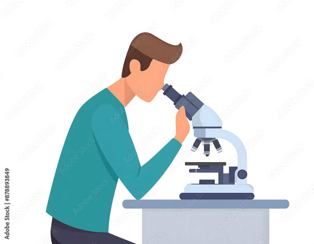 Cartoon illustration of a researcher observing under a microscope Cartoon illustration of a researcher observing under a microscope
