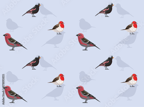 Bird Pine Grosbeak Finch Cartoon Cute Seamless Wallpaper Background