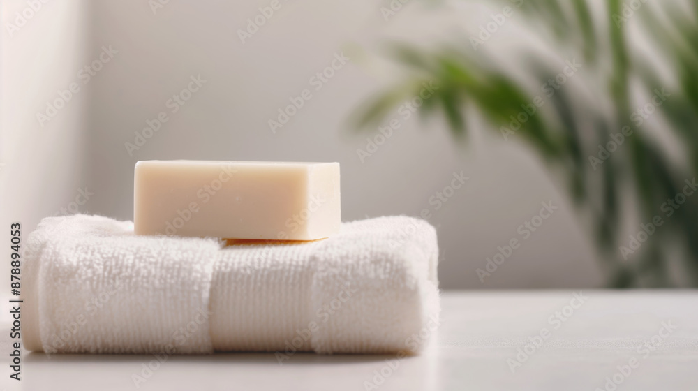White bar of soap resting on a folded towel in a bathroom. White bar of soap resting on a folded towel in a bathroom.