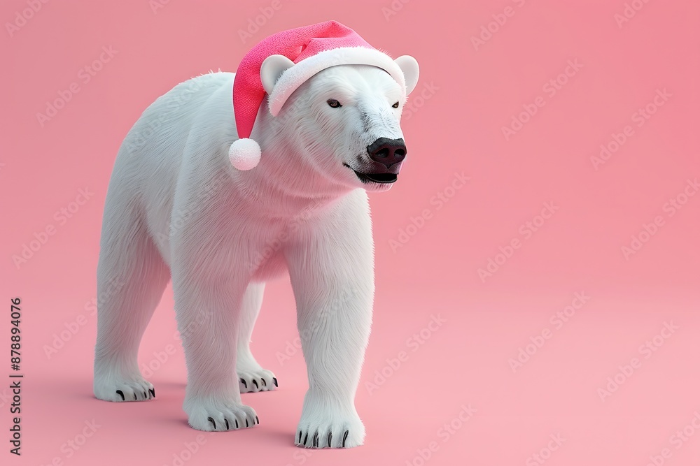 3D render of Polar bear wearing a pastel-colored Santa hat on a pastel pink background. very detailed 3D render of Polar bear wearing a pastel-colored Santa hat on a pastel pink background. very detailed