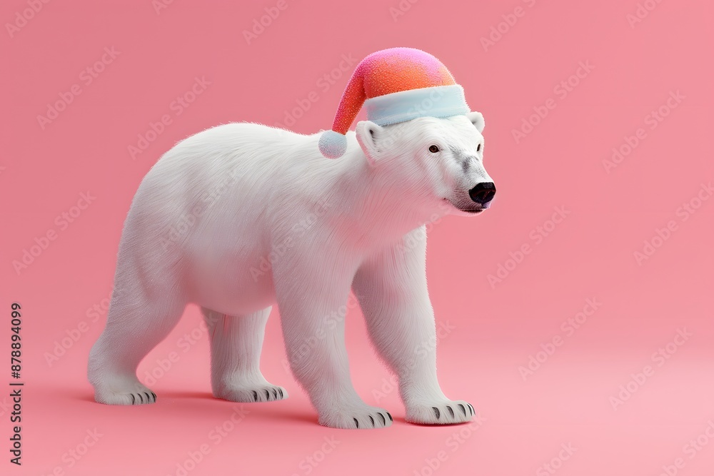 3D render of Polar bear wearing a pastel-colored Santa hat on a pastel pink background. very detailed 3D render of Polar bear wearing a pastel-colored Santa hat on a pastel pink background. very detailed