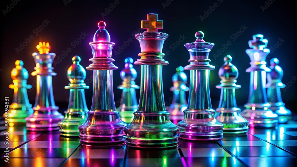 3D Illustration Of Colorful Glass Chess Pieces On A Chessboard With A Dark Background. 3D Illustration Of Colorful Glass Chess Pieces On A Chessboard With A Dark Background.
