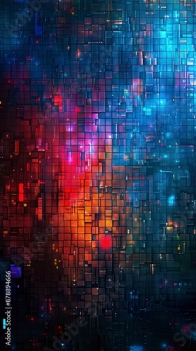 A grid of squares in various shades of blue, red, and orange, with lights illuminating the grid
