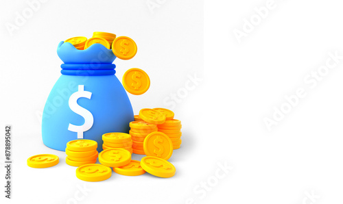 3D Pocket Money Bag and coins, Business and finance concept.