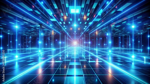 Wallpaper Mural 3D Illustration Of A Futuristic Sci-Fi Tunnel With Glowing Blue Neon Lights And Shiny Reflective Floor. Torontodigital.ca