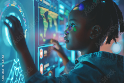 black child using colourful simplistic artificial intelligence on virtual screen with simple minimalist colourful UI for education - future education concept, virtual classroom photo