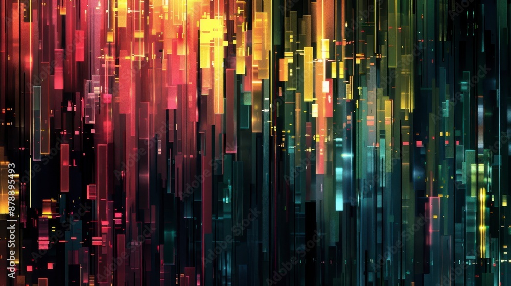 Digital artwork with vertical neon lines in red, orange, yellow, green, and blue on dark background Digital artwork with vertical neon lines in red, orange, yellow, green, and blue on dark background