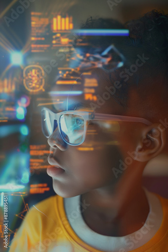 Wallpaper Mural black child using colourful simplistic artificial intelligence on virtual screen with simple minimalist colourful UI for education - future education concept, virtual classroom Torontodigital.ca