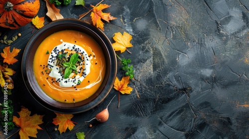 Top view of homemade pumpkin vegetable soup with cream and black sesame with empty space for text photo