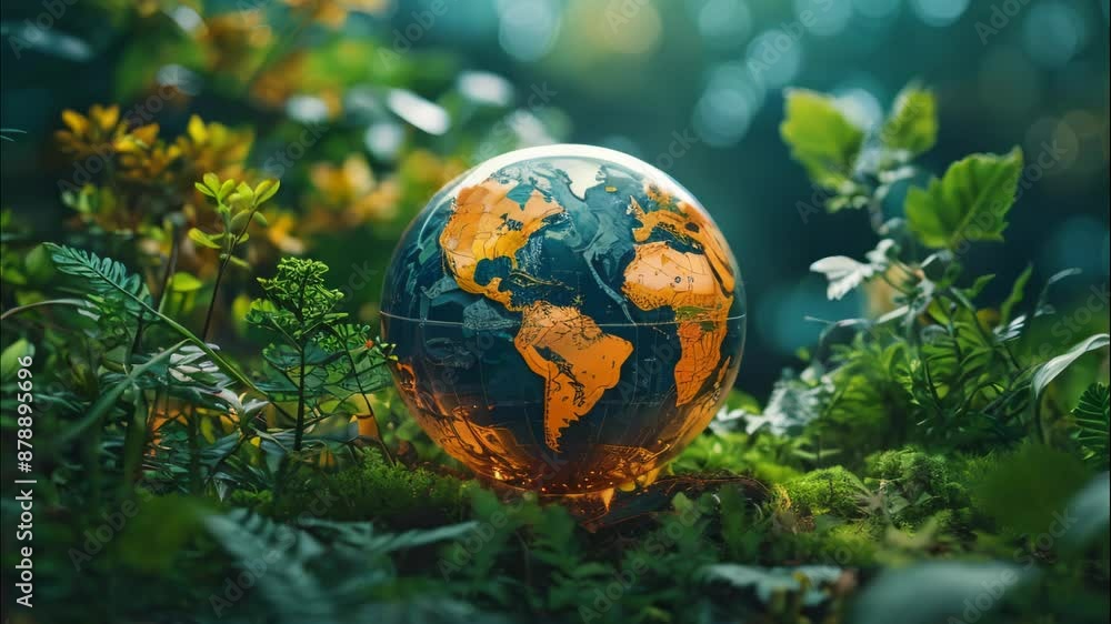 A globe is sitting on a green mossy hill. The globe is made of glass and is surrounded by green grass. Concept of harmony between nature and technology, as the globe is a symbol of the earth A globe is sitting on a green mossy hill. The globe is made of glass and is surrounded by green grass. Concept of harmony between nature and technology, as the globe is a symbol of the earth