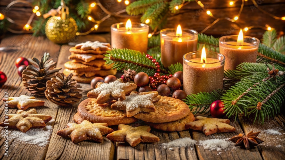 Christmas Still Life With Cookies, Candles, Fir Branches And Decorations On Wooden Background. Christmas Still Life With Cookies, Candles, Fir Branches And Decorations On Wooden Background.
