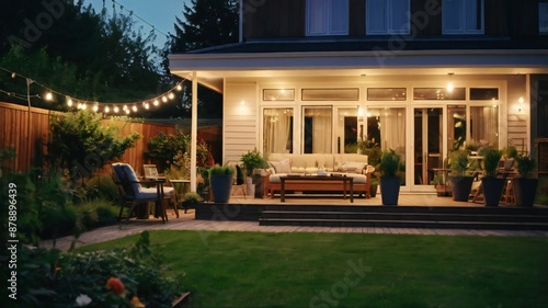 Summer evening on the patio of beautiful suburban house with lights in the garden