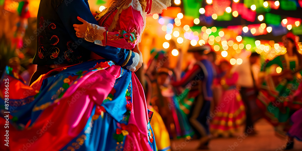 Fototapeta premium Pareja bailando en fiesta mexicana, baile tipoco, decoraciones de papel picado, y luces de fondo borrosas. Celebración de días patrios, independencia, o 5 de Mayo