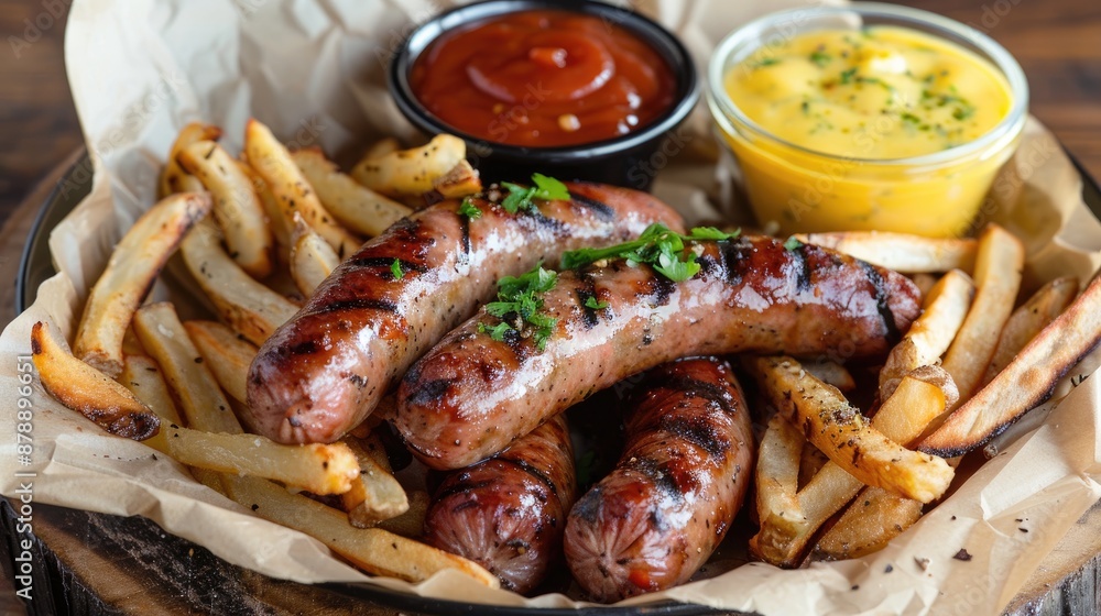 Grilled pork sausage with fries and dipping sauces Grilled pork sausage with fries and dipping sauces