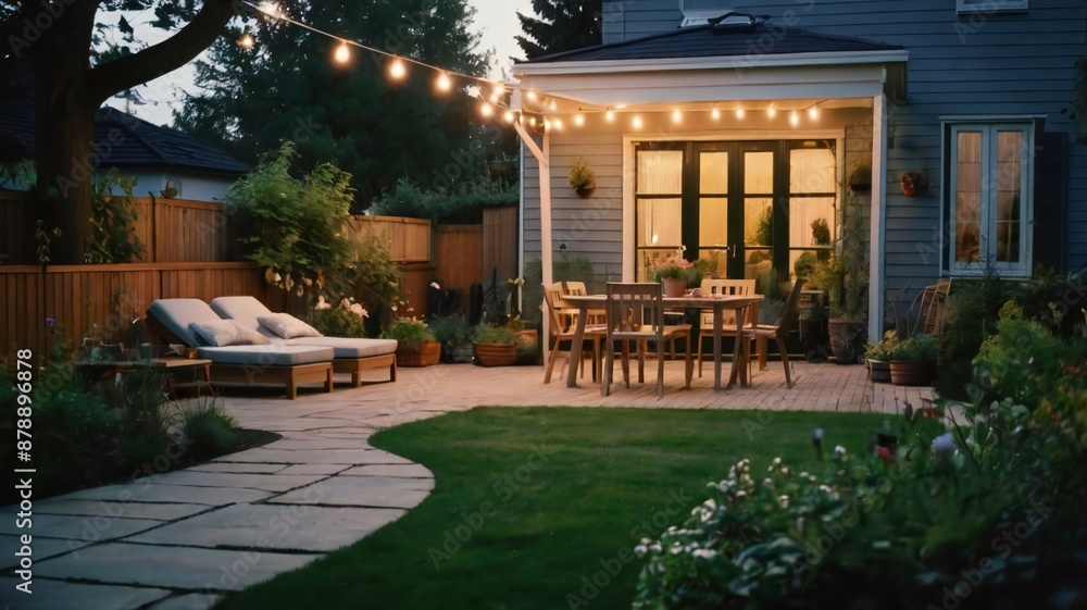 Summer evening on the patio of beautiful suburban house with lights in the garden Summer evening on the patio of beautiful suburban house with lights in the garden