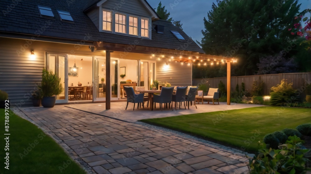 Summer evening on the patio of beautiful suburban house with lights in the garden Summer evening on the patio of beautiful suburban house with lights in the garden