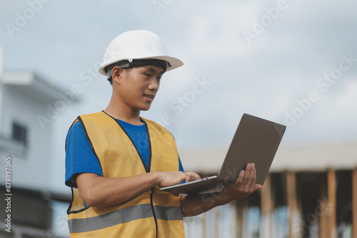 worker or engineer holding laptop computer and checking inside containers warehouse storage