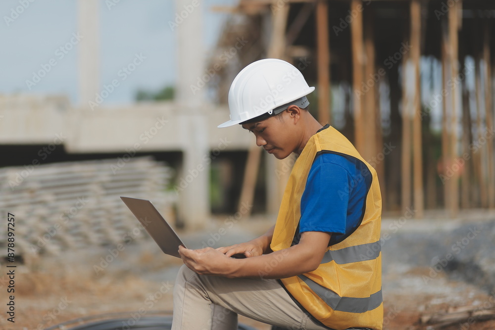 Asian man architect holds blueprint with skyscraper background, Asian male architect builder engineer design working planning confident outdoors in construction site. Asian man architect holds blueprint with skyscraper background, Asian male architect builder engineer design working planning confident outdoors in construction site.