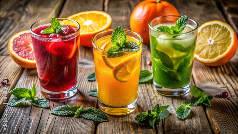 Three Glasses Of Fresh Fruit Juice With Mint On A Wooden Table. Three Glasses Of Fresh Fruit Juice With Mint On A Wooden Table.