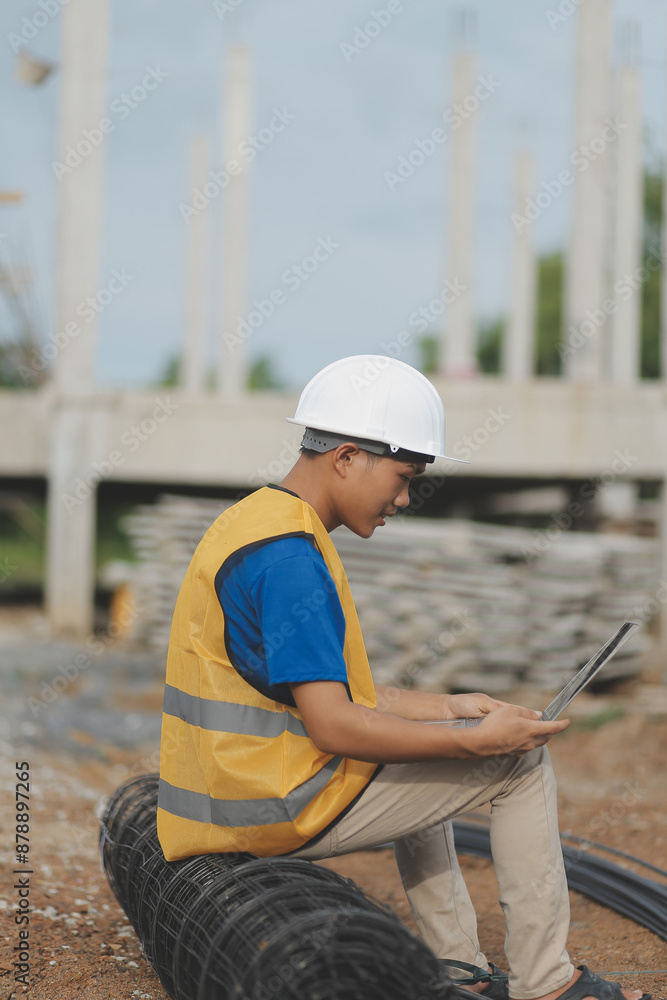 Asian man architect holds blueprint with skyscraper background, Asian male architect builder engineer design working planning confident outdoors in construction site. Asian man architect holds blueprint with skyscraper background, Asian male architect builder engineer design working planning confident outdoors in construction site.