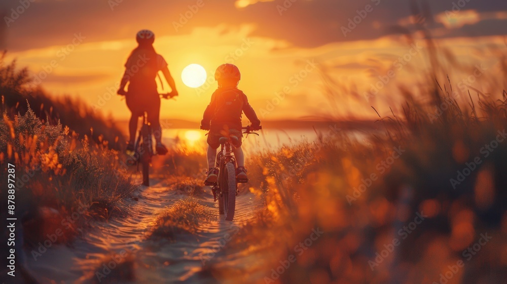 Fototapeta premium Silhouette of a mother and child riding bikes at sunset.