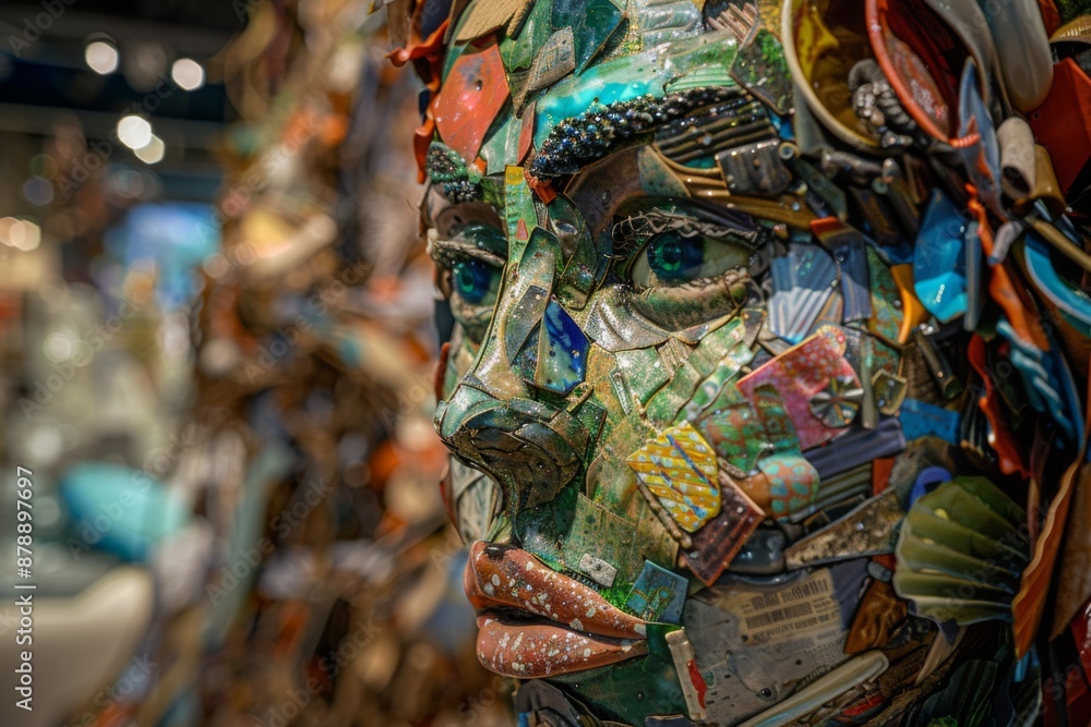 Fototapeta premium unique sculpture made from recycled materials, displayed in an eco-friendly art exhibit