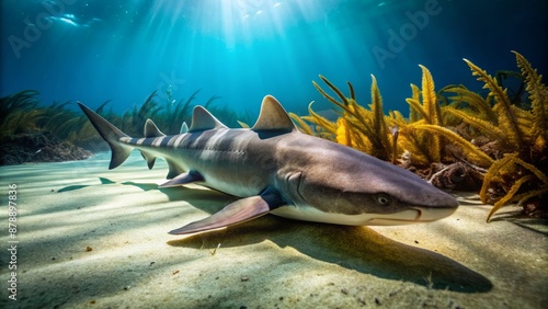 A Sevengill Shark Cruises Over A Sandy Ocean Floor Hunting For Prey. photo