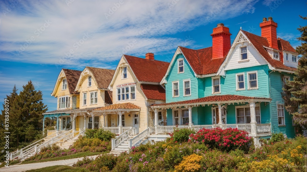 Classic houses on Mackinac Island in Michigan. Simulated from actual sources Classic houses on Mackinac Island in Michigan. Simulated from actual sources