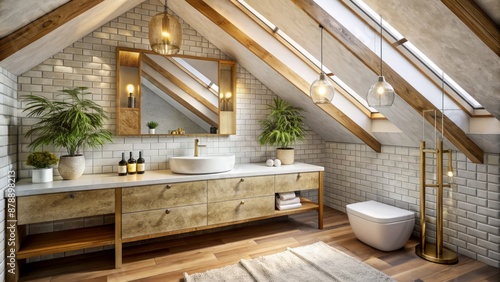 Luxurious modern attic bathroom featuring timber vanity, stone benchtop, gold brass tap, and white basin, set amidst tiled walls and slanted roof.