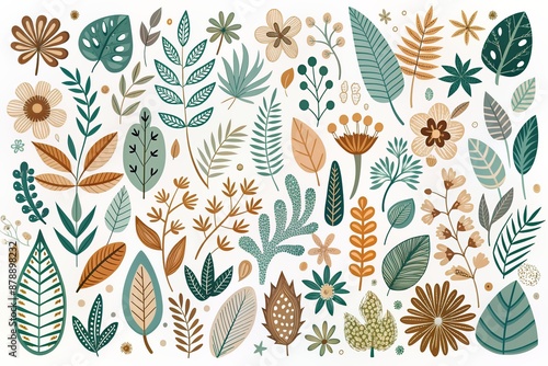 Monochromatic nature inspired shapes-doodle collection. Cute botanical shapes, random childish doodle cutouts of tropical leaves, flowers and branches, decorative abstract art vector illustration. photo