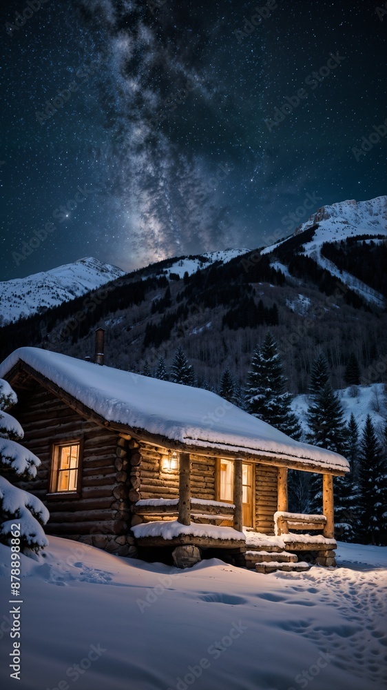 A snowy dreamy cabin in the mountainous night of Aspen, Colorado. A snowy dreamy cabin in the mountainous night of Aspen, Colorado.