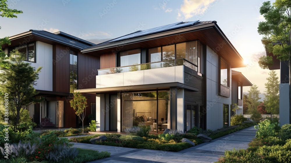 Modern house with solar panels and a green garden in a residential area promoting sustainability and energy efficiency with contemporary design elements Modern house with solar panels and a green garden in a residential area promoting sustainability and energy efficiency with contemporary design elements