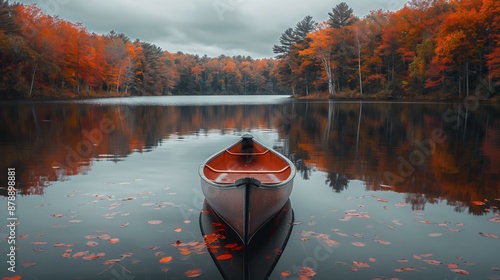 A single canoe sits on a calm lake surrounded by autumn trees with vibrant foliage reflecting on the water creating a serene and peaceful setting photo