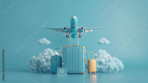 A 3D digital illustration of an airplane flying over light blue suitcases, with space for text. Image for banners, websites, or advertisements related to travel agencies, vacations, or transportation.