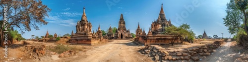 Pyu Ancient Cities, located in Myanmar.  This site is known for its ancient ruins of the Pyu cities with their impressive stupas and historical structures, set against the clear blue sky #878899692
