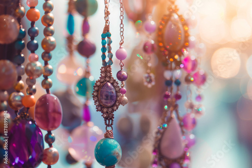 Colorful gemstone necklaces with intricate designs